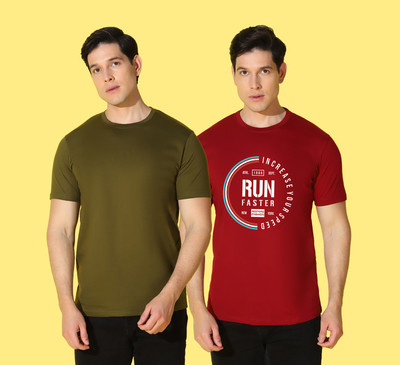 WOOSTRO Solid Men Round Neck Green, Red T-Shirt