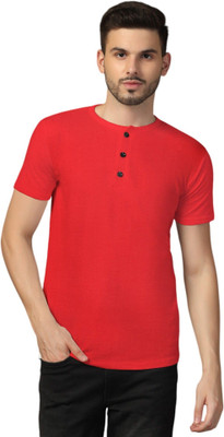 GEUM Solid Men Henley Neck Red T-Shirt