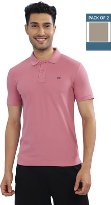 Force NXT Solid Men Polo Neck Grey, Pink T-Shirt