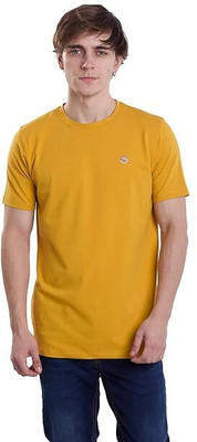24esque Solid, Printed Men Round Neck Yellow T-Shirt