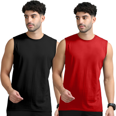 Adorbs Solid Men Round Neck Black, Red T-Shirt
