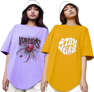 R S Fashion Printed Women Round Neck Purple, Yellow T-Shirt