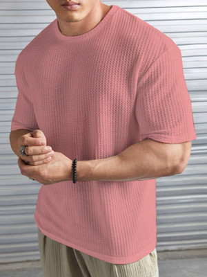 Denzolee Self Design Men Round Neck Pink T-Shirt