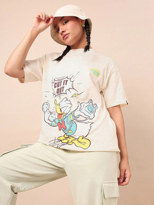 BEWAKOOF Graphic Print Women Round Neck Beige T-Shirt