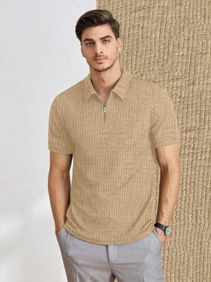 THE DRY STATE Self Design Men Zip Neck Beige T-Shirt