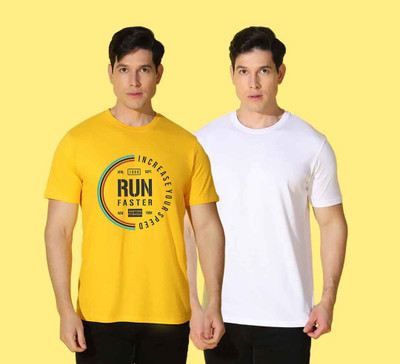 WOOSTRO Printed Men Round Neck White, Yellow T-Shirt