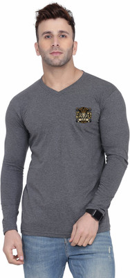 GEUM Solid Men V Neck Grey T-Shirt