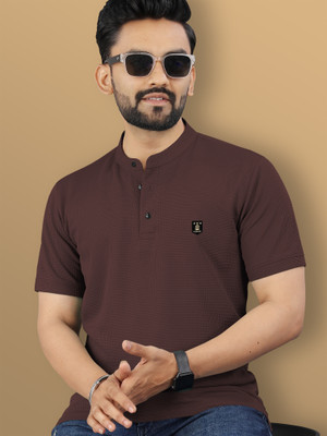 VeBNoR Solid Men Mandarin Collar Brown T-Shirt