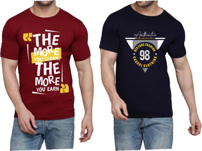WOOSTRO Typography Men Round Neck Maroon, Dark Blue T-Shirt