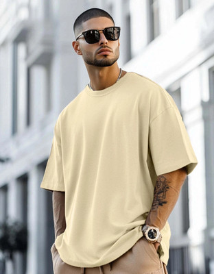 LazyGreg Solid Men Round Neck Beige T-Shirt