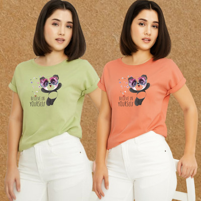 Kasendra Graphic Print Women Round Neck Green, Pink T-Shirt