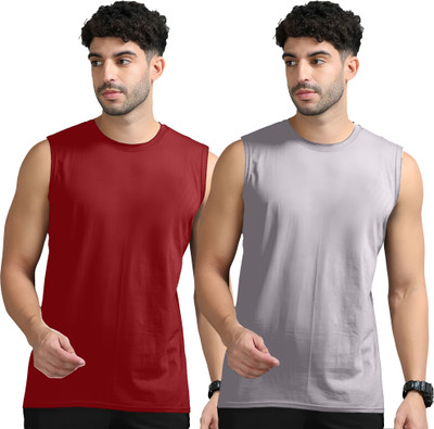 Adorbs Solid Men Round Neck Maroon, Grey T-Shirt