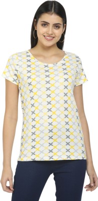 V-MART Printed Women Mandarin Collar Yellow T-Shirt