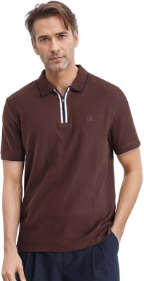 RARE RABBIT Solid Men Polo Neck Brown T-Shirt