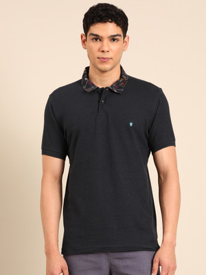 Linen Club Solid Men Polo Neck Black T-Shirt