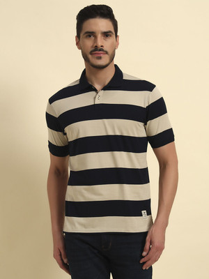 CANTABIL Striped Men Polo Neck Dark Blue, Black T-Shirt