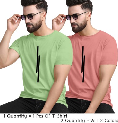 KAJARU Printed Men Round Neck Green, Pink T-Shirt