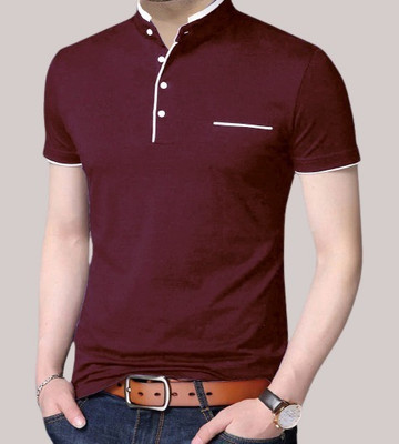 Reya Solid Men Mandarin Collar Maroon T-Shirt