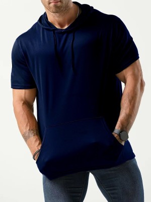 Eddicted Solid Men Hooded Neck Dark Blue T-Shirt