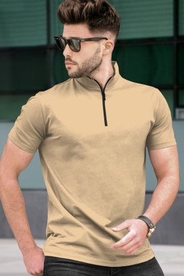 TRIPR Solid Men Mandarin Collar Beige T-Shirt