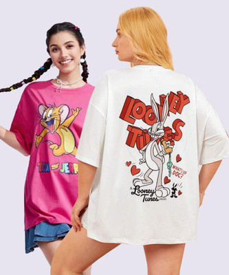 TOM AND JERRY by DreamBe Printed Women Round Neck Pink, White T-Shirt