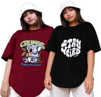 R S Fashion Printed Women Round Neck Maroon, Black T-Shirt