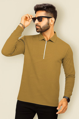 Adiba Fashion Factory Striped Men Polo Neck Beige T-Shirt