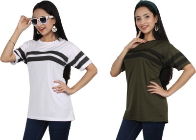 Meetri Striped Women Round Neck Multicolor T-Shirt