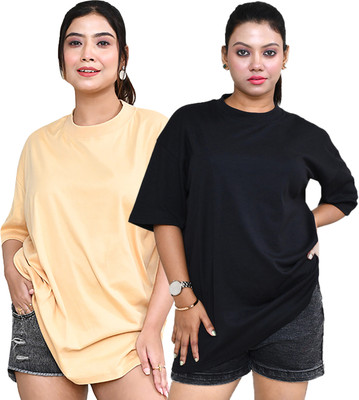 altius Solid Women Round Neck Beige, Black T-Shirt