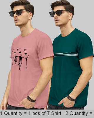 KAJARU Printed Men Round Neck Dark Green, Pink T-Shirt