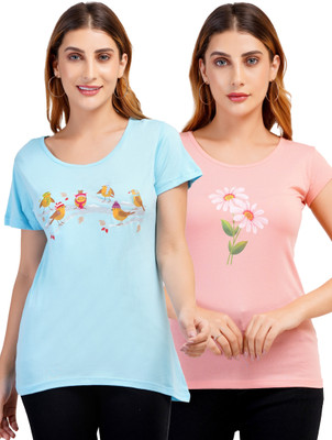Romaisa Graphic Print Women Round Neck Reversible Light Blue, Pink T-Shirt