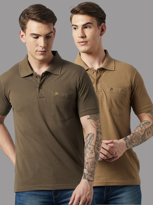 PROMOUNT Solid Men Polo Neck Dark Green, Brown T-Shirt