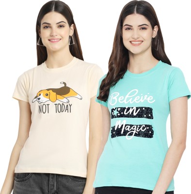 Fabflee Printed Women Round Neck Beige, Light Blue T-Shirt