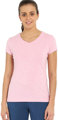 JOCKEY Solid Women V Neck Pink T-Shirt