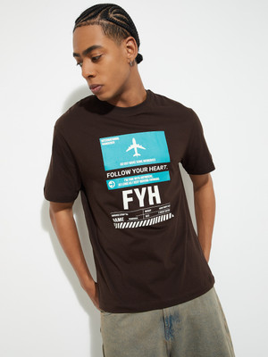 MAX Printed Men Round Neck Brown T-Shirt