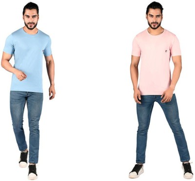 Chillax Solid Men Round Neck Light Blue, Pink T-Shirt