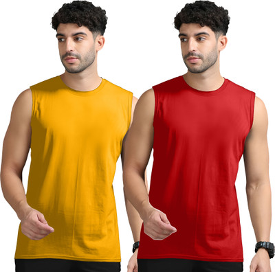 Adorbs Solid Men Round Neck Yellow, Red T-Shirt