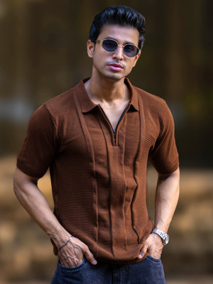 MANIAC Self Design Men Polo Neck Brown T-Shirt