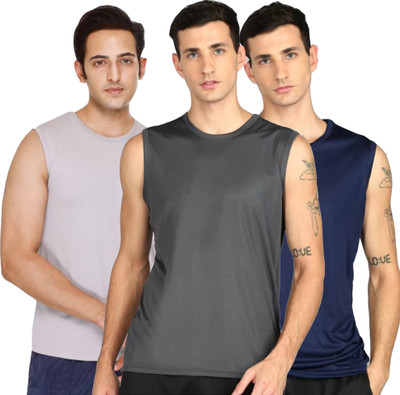 Moordale Solid Men Round Neck Grey, Dark Blue T-Shirt