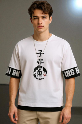 FASHIUM Printed Men Round Neck White, Black T-Shirt