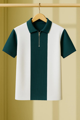 Try This Colorblock Men Zip Neck Green, White T-Shirt