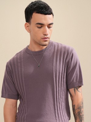 HIGHLANDER Self Design Men Round Neck Purple T-Shirt