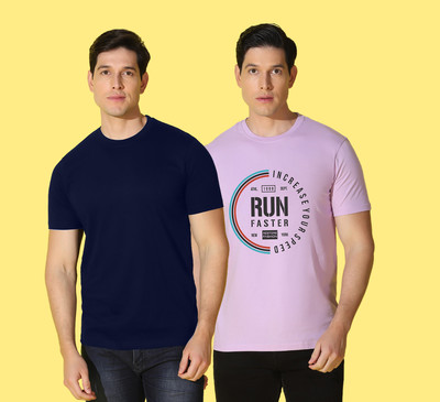 WOOSTRO Printed, Solid Men Round Neck Black, Pink T-Shirt