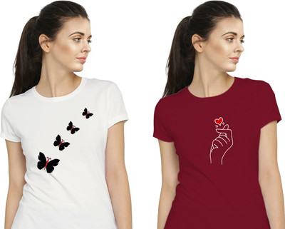 Stylimo Printed Women Round Neck Maroon, White T-Shirt