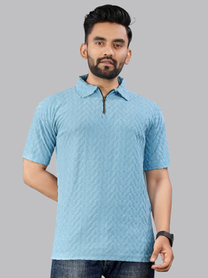 GreenFlair Solid Men Polo Neck Light Blue T-Shirt