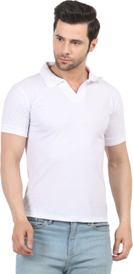 Kanna Fabric Solid Men Polo Neck White T-Shirt