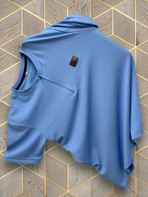METRONAUT Solid Men Zip Neck Light Blue T-Shirt