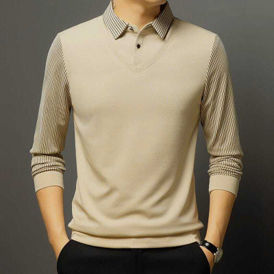 DLooK Designer Solid, Striped, Self Design Men Polo Neck Beige T-Shirt