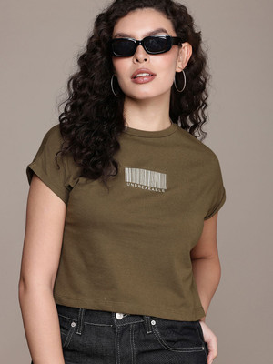 Roadster Women Printed Round Neck Pure Cotton Green T-Shirt For Rs. 143 @ 76 %