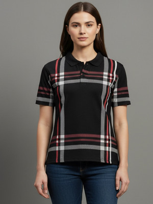 TIMBER HITCH Checkered Women Polo Neck Black T-Shirt